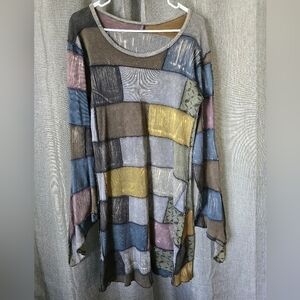 Patchwork Reversible Long Flared Sleeves Knee Length Dress Size M Distressed